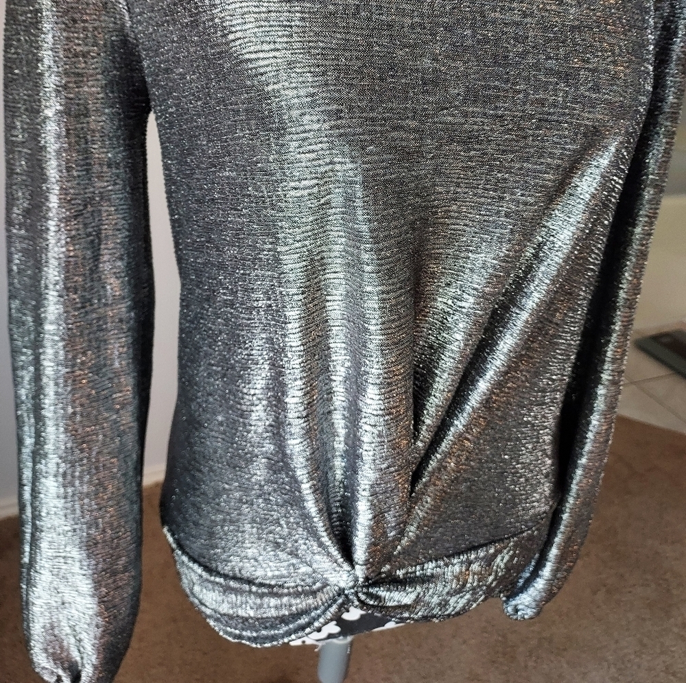 INC Metallic Top Womens size S Silver Round Neck Long Sleeve Twisted Hem - Picture 4 of 16